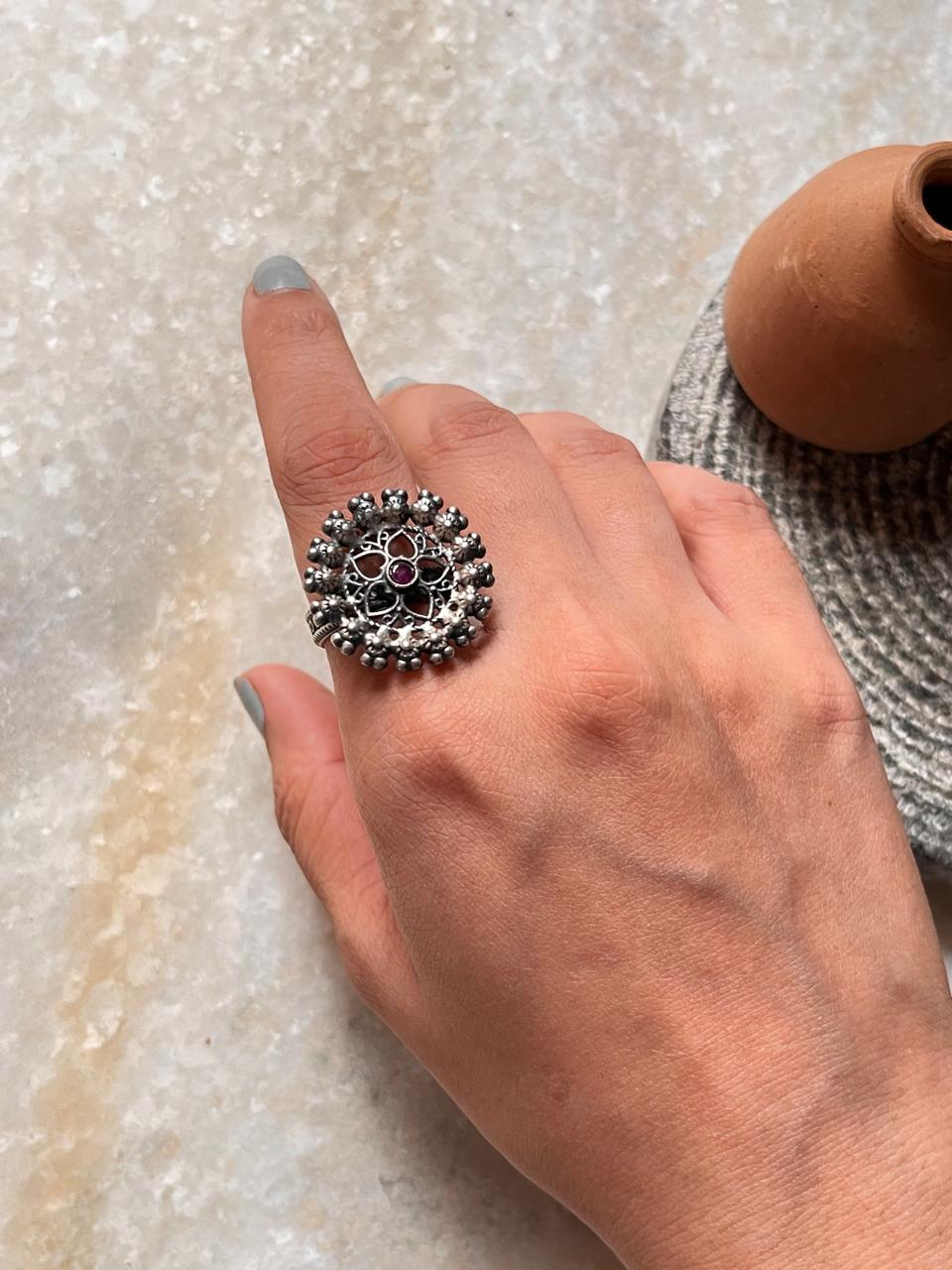 Unique Antique Style Kundan Mandala Flower Silver Ring