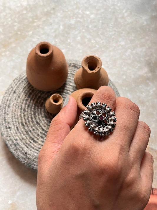 Antique Mandala Flower Kundan 925 Sterling Silver Ring  