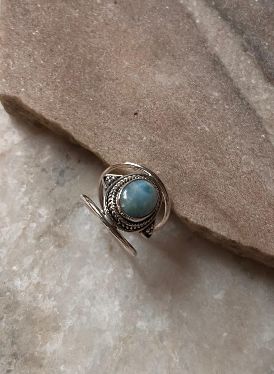 Larimar Oval Boho Statement 925 Sterling Silver Ring