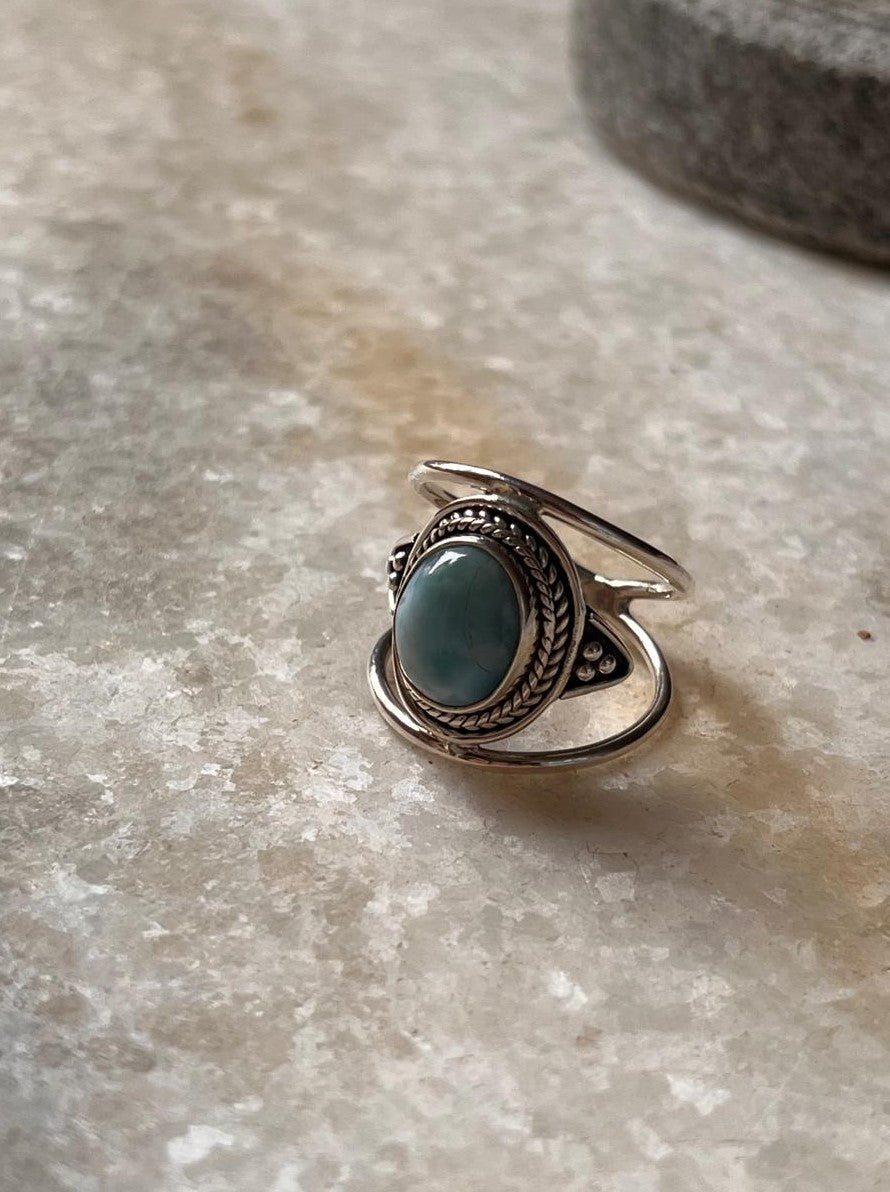Larimar Oval Boho Statement 925 Sterling Silver Ring
