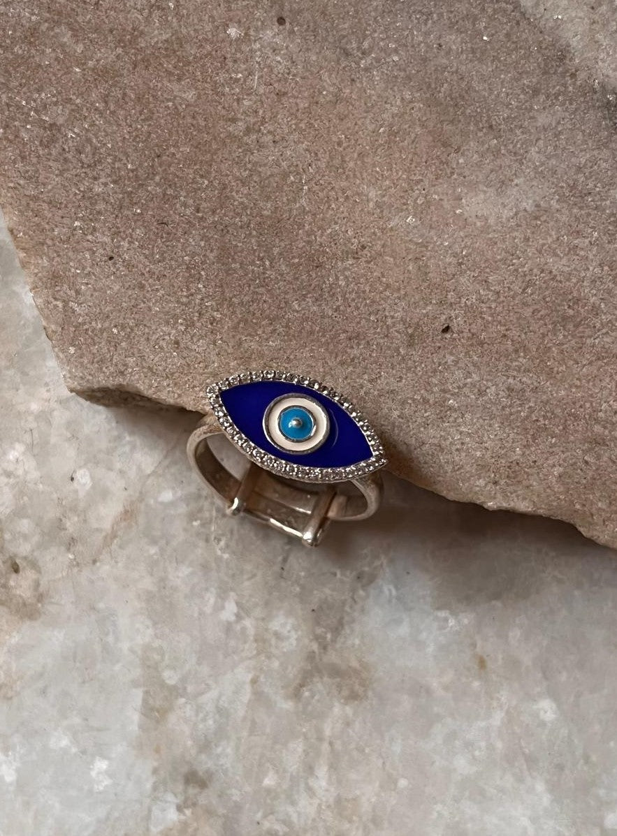 Evil eye Cz enamelled 925 Sterling Silver Adjustable Ring
