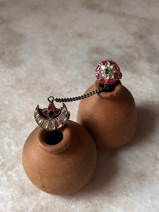 Antique Kundan Meenakari Chand Double 925 Sterling Silver Ring