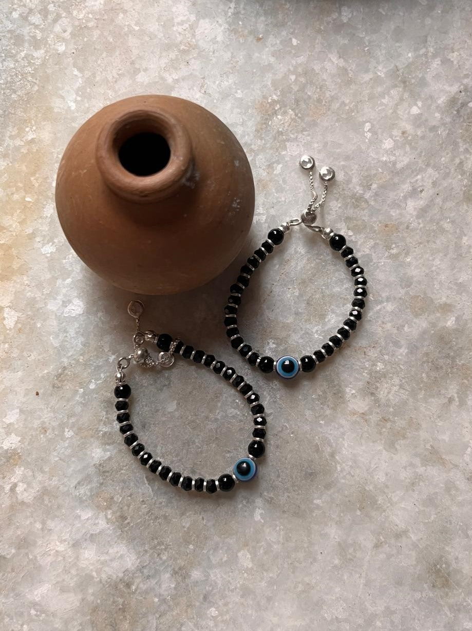 Evil Eye & Black Bead Kids adjustable Nazariya 925 Sterling Silver Anklet