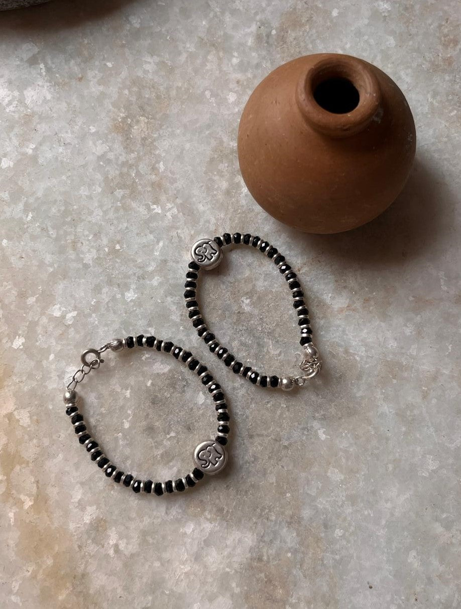 Hathi/ Elephant Charm & Black Bead kids Nazariya 925 Sterling Silver Anklet