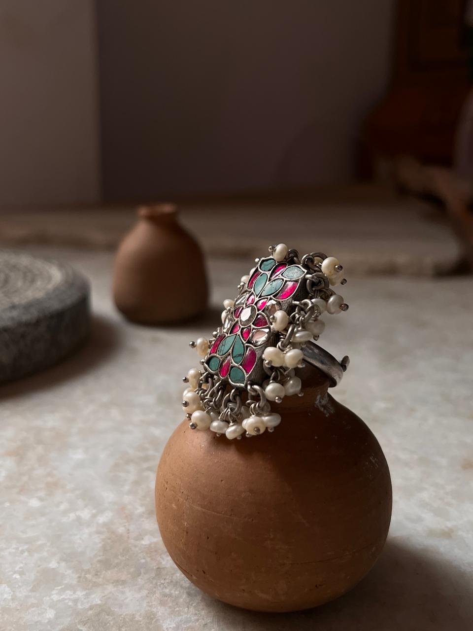 Antique Turquoise Meenakari Kundan Fresh Water Pearls Handcrafted Silver 925 Sterling Adjustable Ring