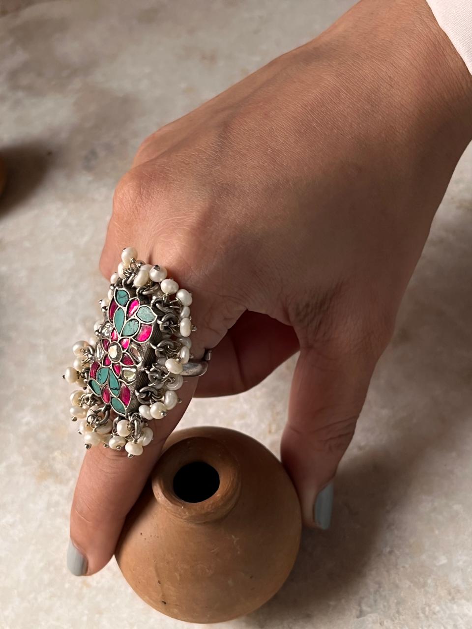 Antique Turquoise Meenakari Kundan Fresh Water Pearls Handcrafted Silver 925 Sterling Adjustable Ring