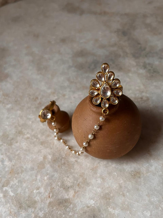 Gold Plated Kundan Polki Double Band With Fresh Water Pearl Chain 925 Sterling Silver Ring