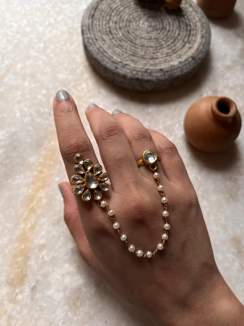 Gold Plated Kundan Polki Double Band With Fresh Water Pearl Chain 925 Sterling Silver Ring