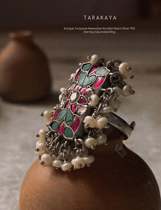 Antique Turquoise Meenakari Kundan Fresh Water Pearls Handcrafted Silver 925 Sterling Adjustable Ring