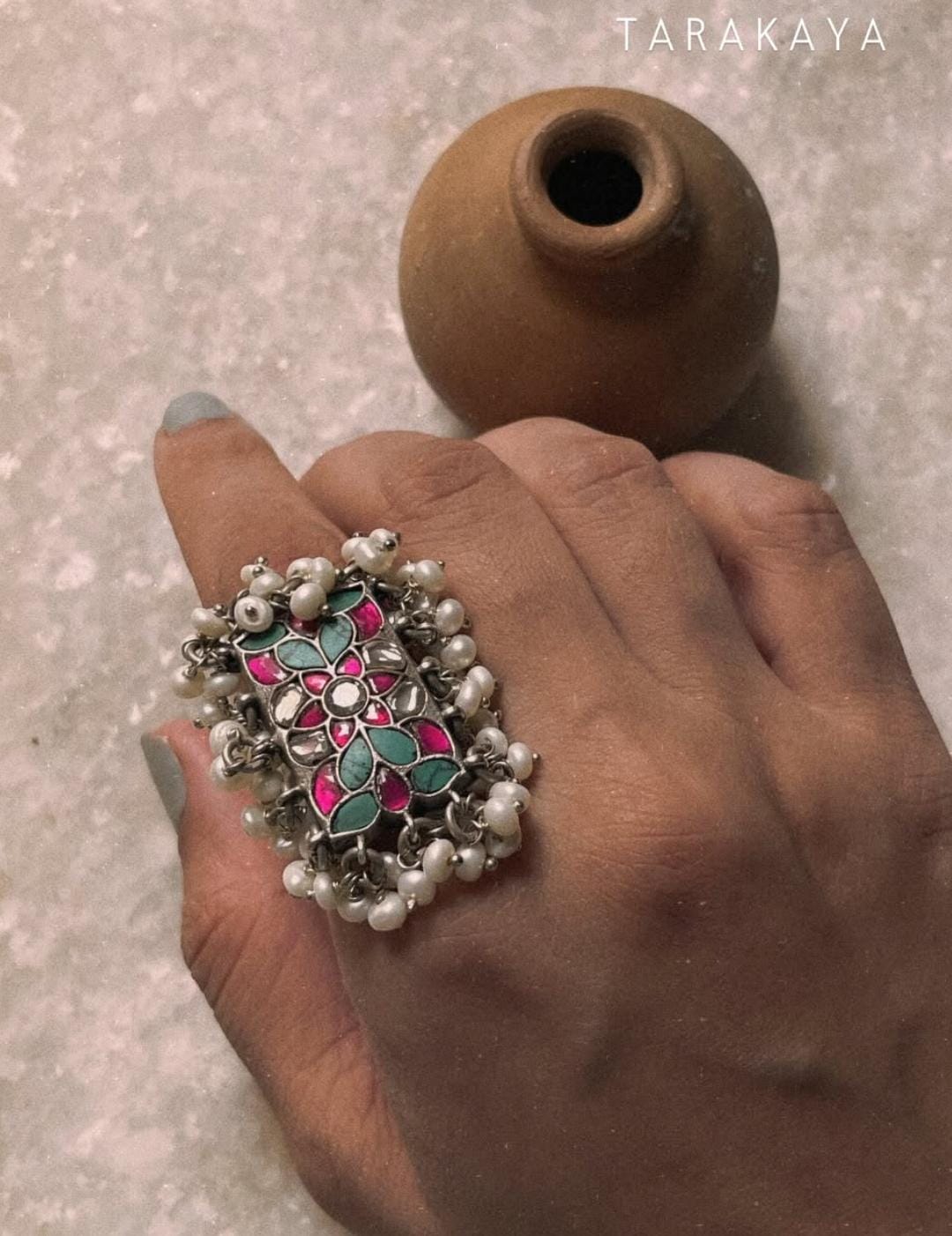 Antique Turquoise Meenakari Kundan Fresh Water Pearls Handcrafted Silver 925 Sterling Adjustable Ring