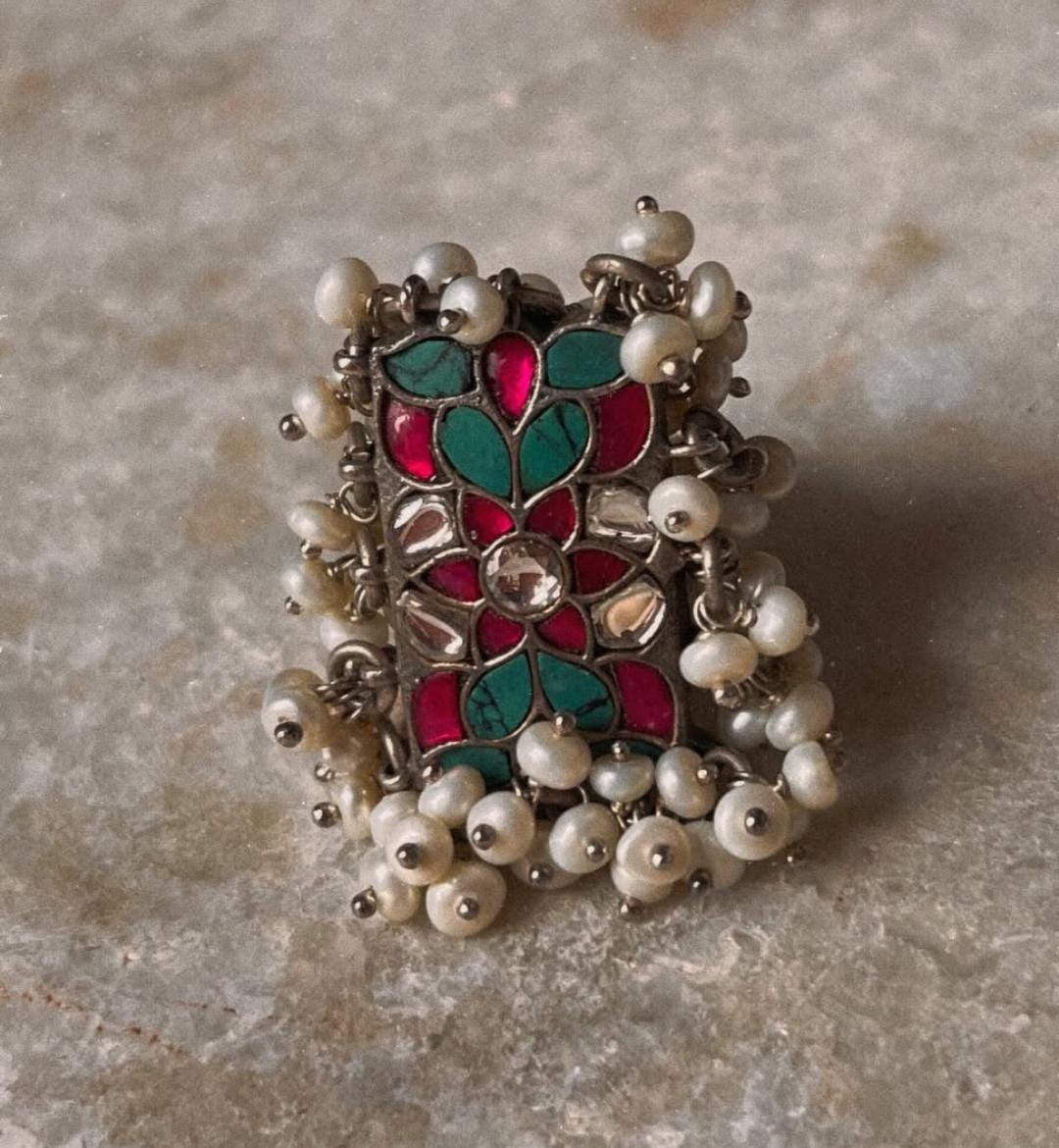 Antique Turquoise Meenakari Kundan Fresh Water Pearls Handcrafted Silver 925 Sterling Adjustable Ring