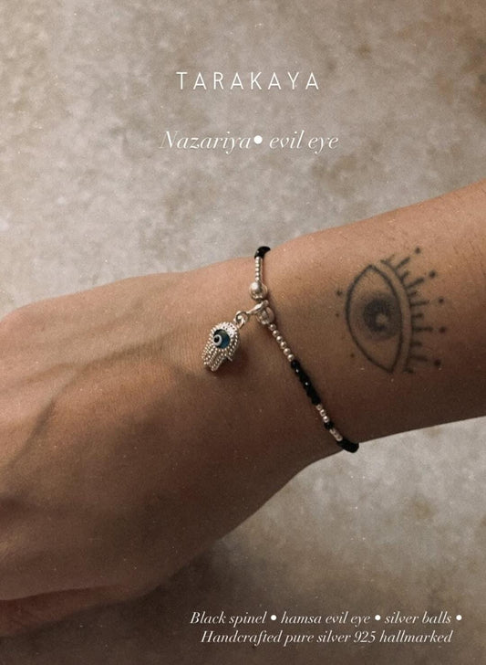 Black Spinel, Silver Ball, Hamsa Evil Eye Charm Nazariya 925 Sterling Silver Bracelet