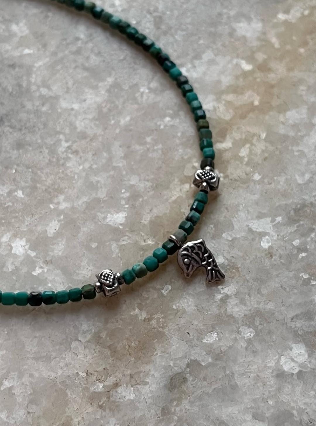 Copper Turquoise & Matsya / Fish Charm 925 Sterling Silver Boho Choker Necklace