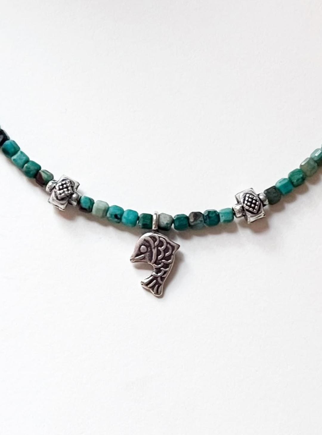 Copper Turquoise & Matsya / Fish Charm 925 Sterling Silver Boho Choker Necklace