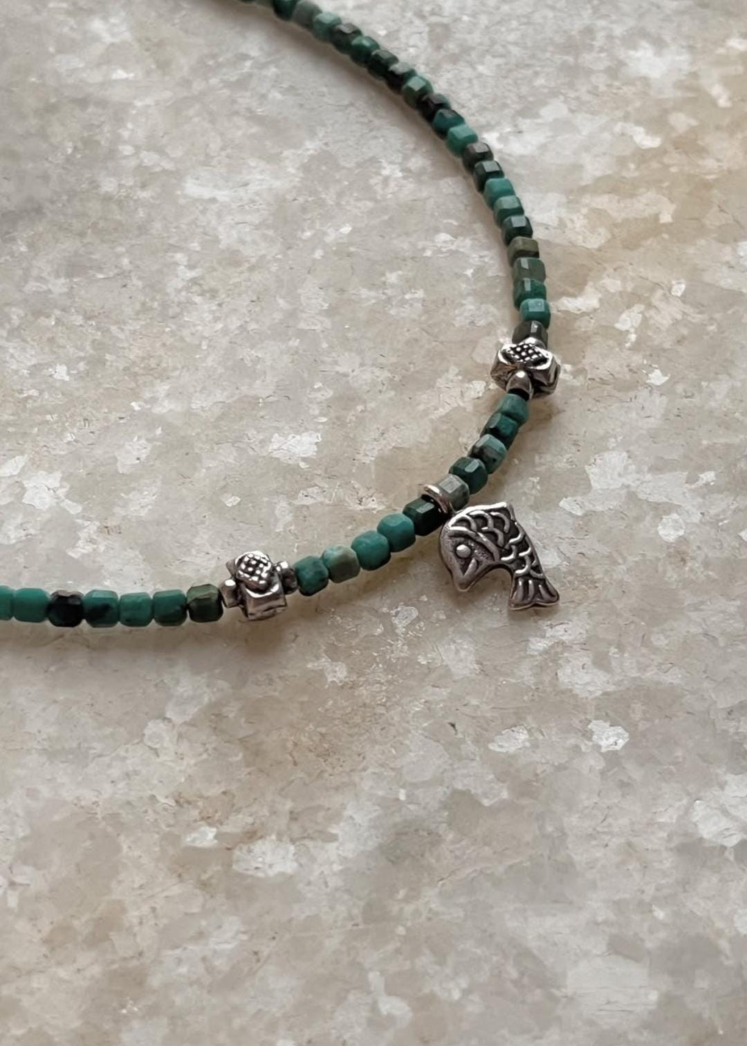 Copper Turquoise & Matsya / Fish Charm 925 Sterling Silver Boho Choker Necklace