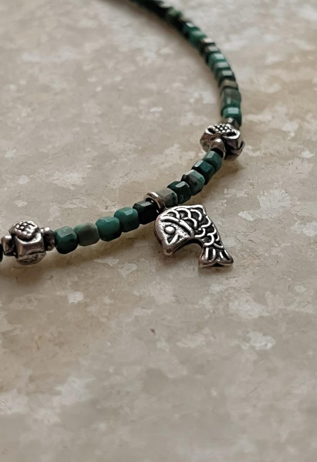 Copper Turquoise & Matsya / Fish Charm 925 Sterling Silver Boho Choker Necklace