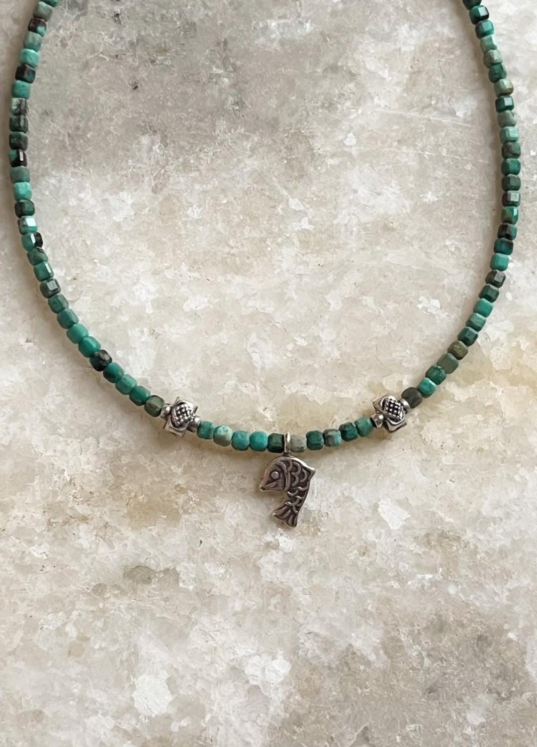 Copper Turquoise & Matsya / Fish Charm 925 Sterling Silver Boho Choker Necklace
