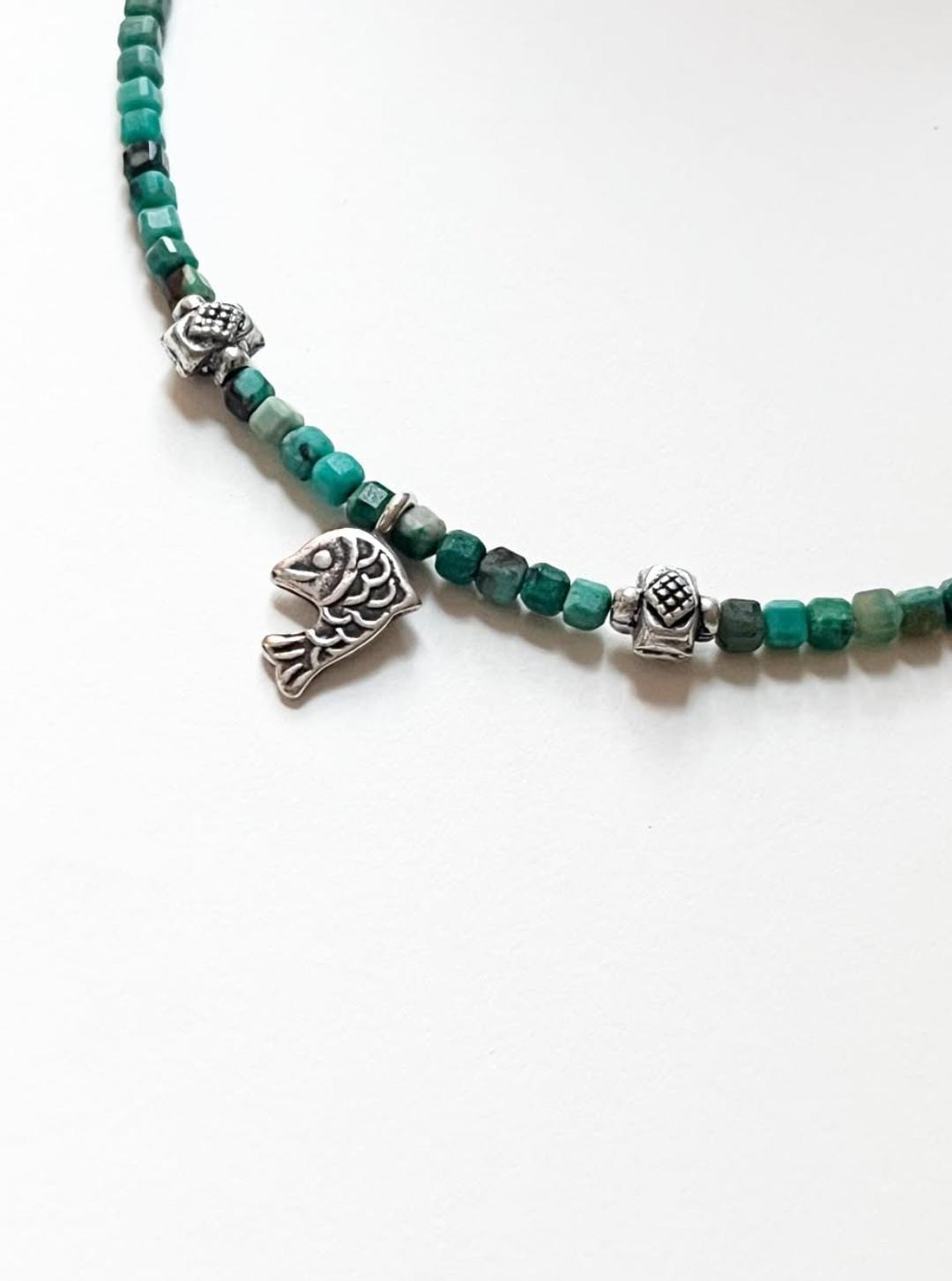 Copper Turquoise & Matsya / Fish Charm 925 Sterling Silver Boho Choker Necklace