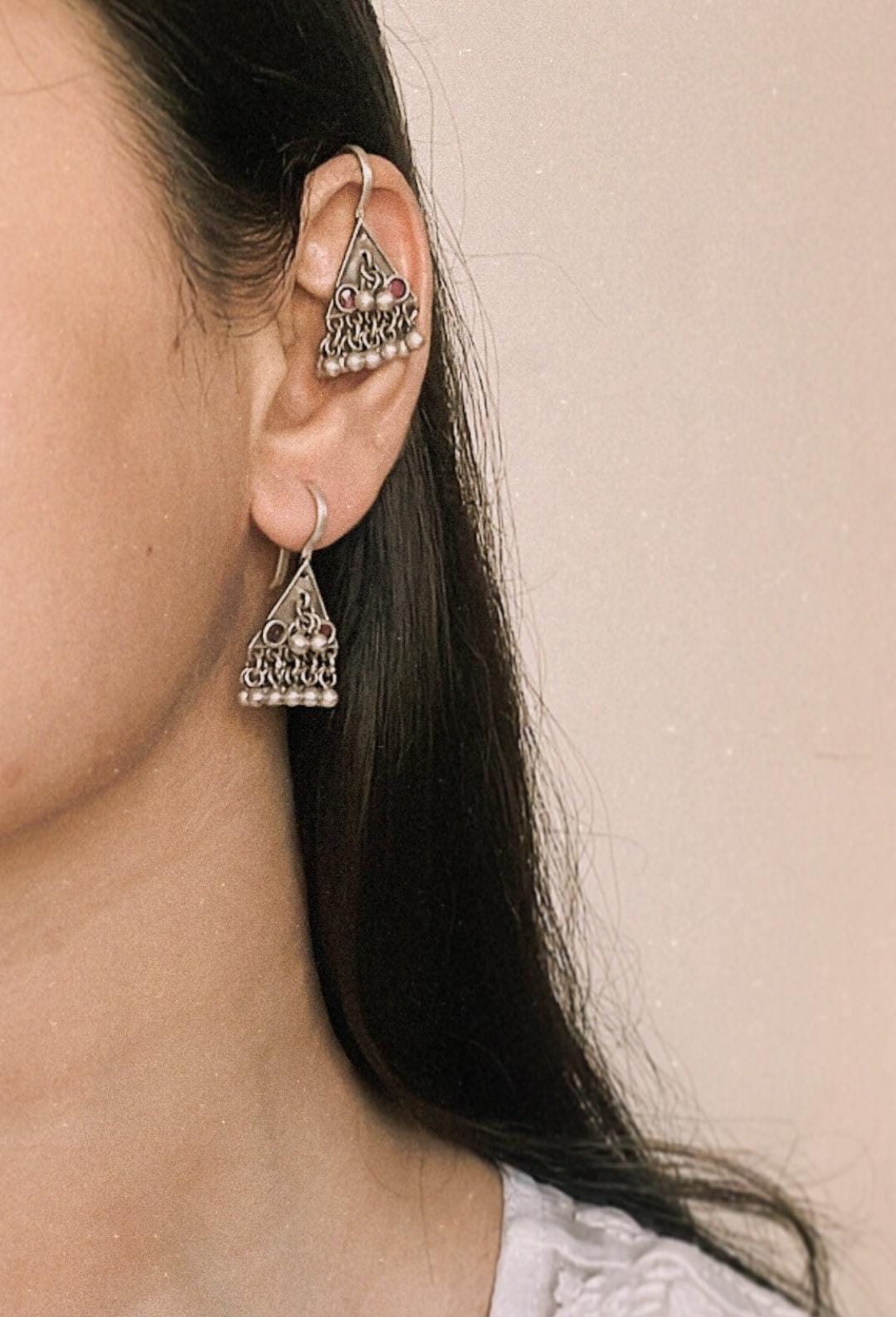 Antique Teekona Ghungroo Bugadi ear cuffs/ Silver 925 Sterling Earrings