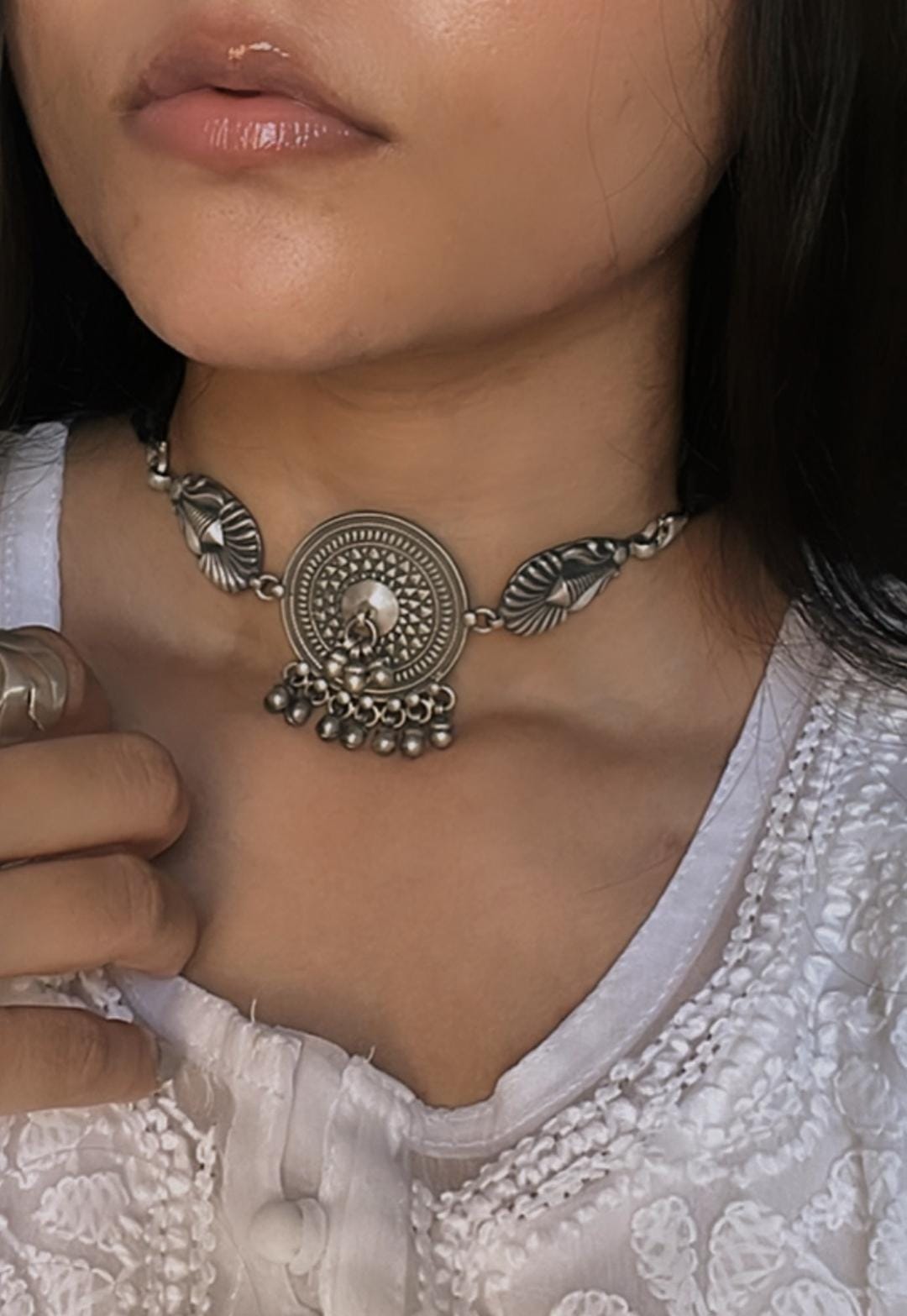 Antique Mandala Ghungroo Choker 925 Sterling Silver Necklace
