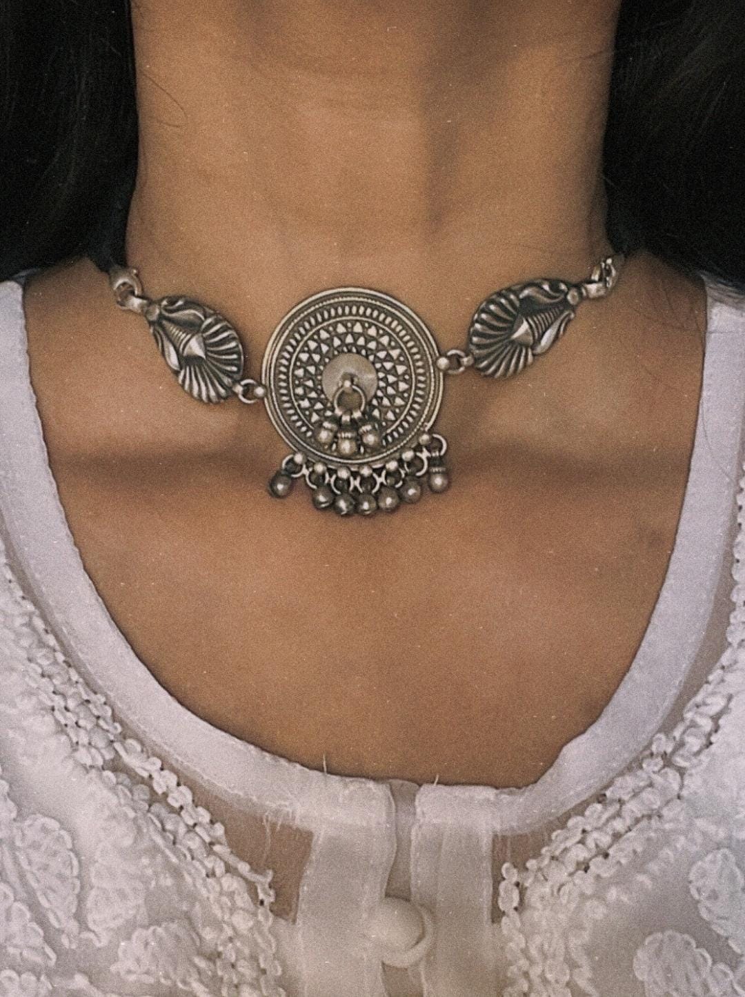 Antique Mandala Ghungroo Choker 925 Sterling Silver Necklace