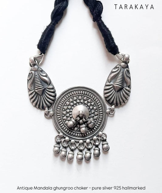 Antique Mandala Ghungroo Choker 925 Sterling Silver Necklace
