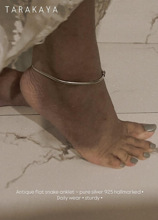 Classic Flat Snake Antique Pure 925 Sterling Silver Anklet