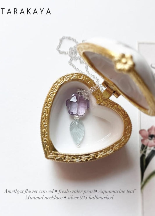 Amethyst Flower, Aquamarine Leaf & Fresh Water Pearl 925 Sterling Silver Necklace