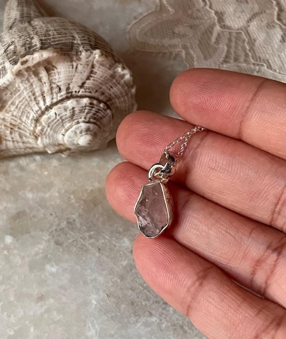 Rose Quartz Raw Uncut 925 Sterling Silver Pendant