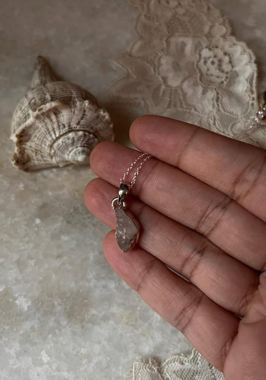 Rose Quartz Raw Uncut 925 Sterling Silver Pendant