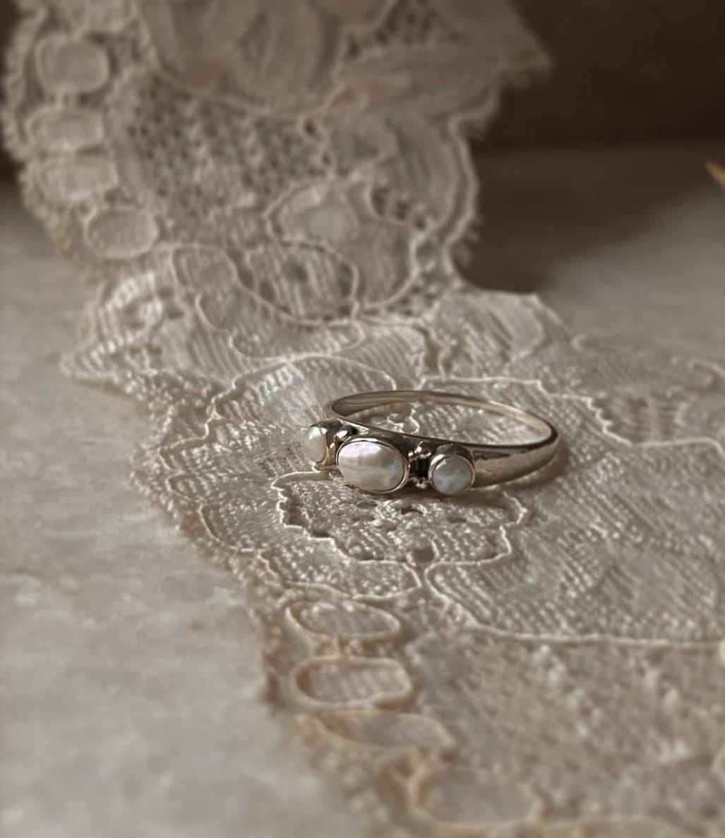 Fresh Water Pearls 3 Band 925 Sterling Silver Ring