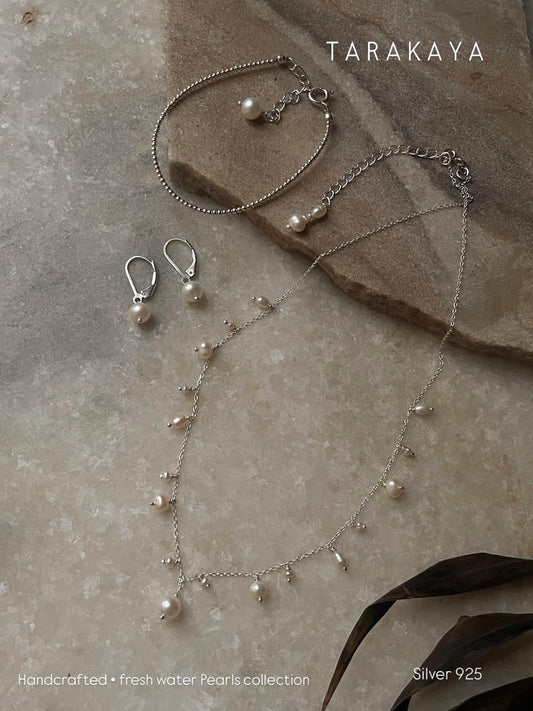Fresh Water Pearls Choker, Lever Back Earring and 2mm Silver Ball Bracelet Handcrafted 925 Sterling Silver Stack Set