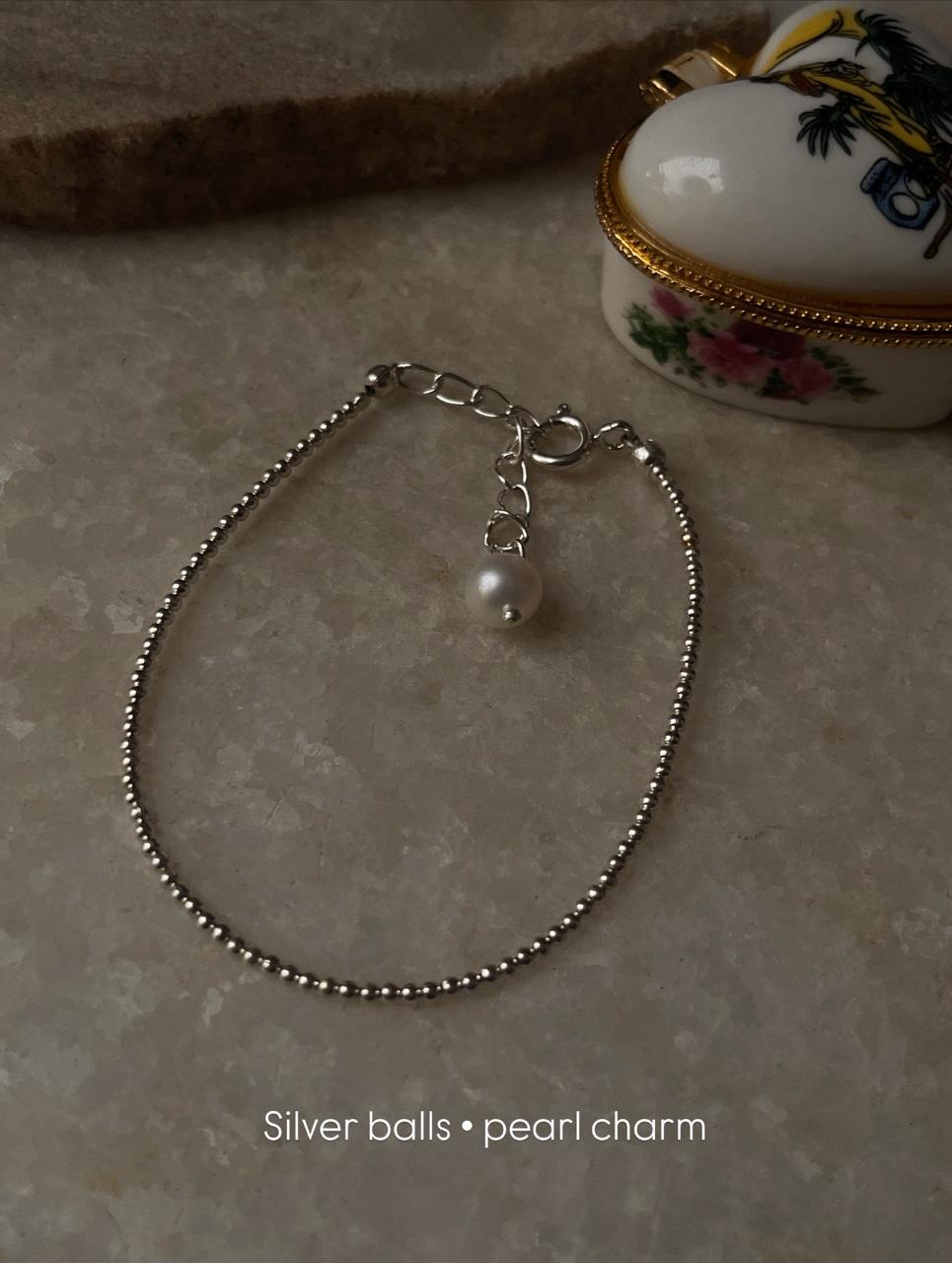 Plain Silver 2mm Beads with Fresh Water Pearl Handcrafted 925 Sterling Silver Bracelet