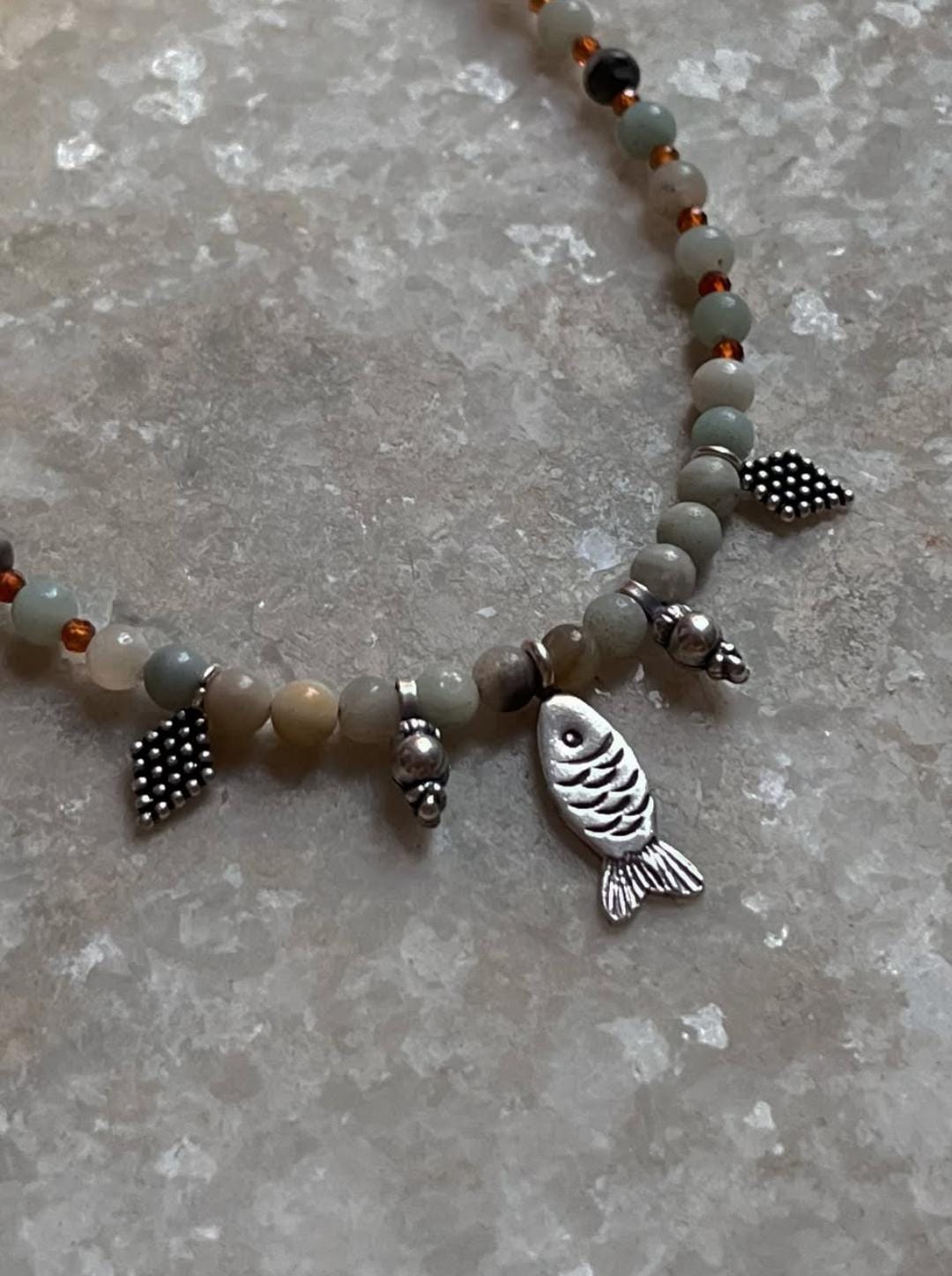 Matsya / Fish Amazonite & Hessonite Boho Choker Handcrafted Sterling Silver 925 Necklace