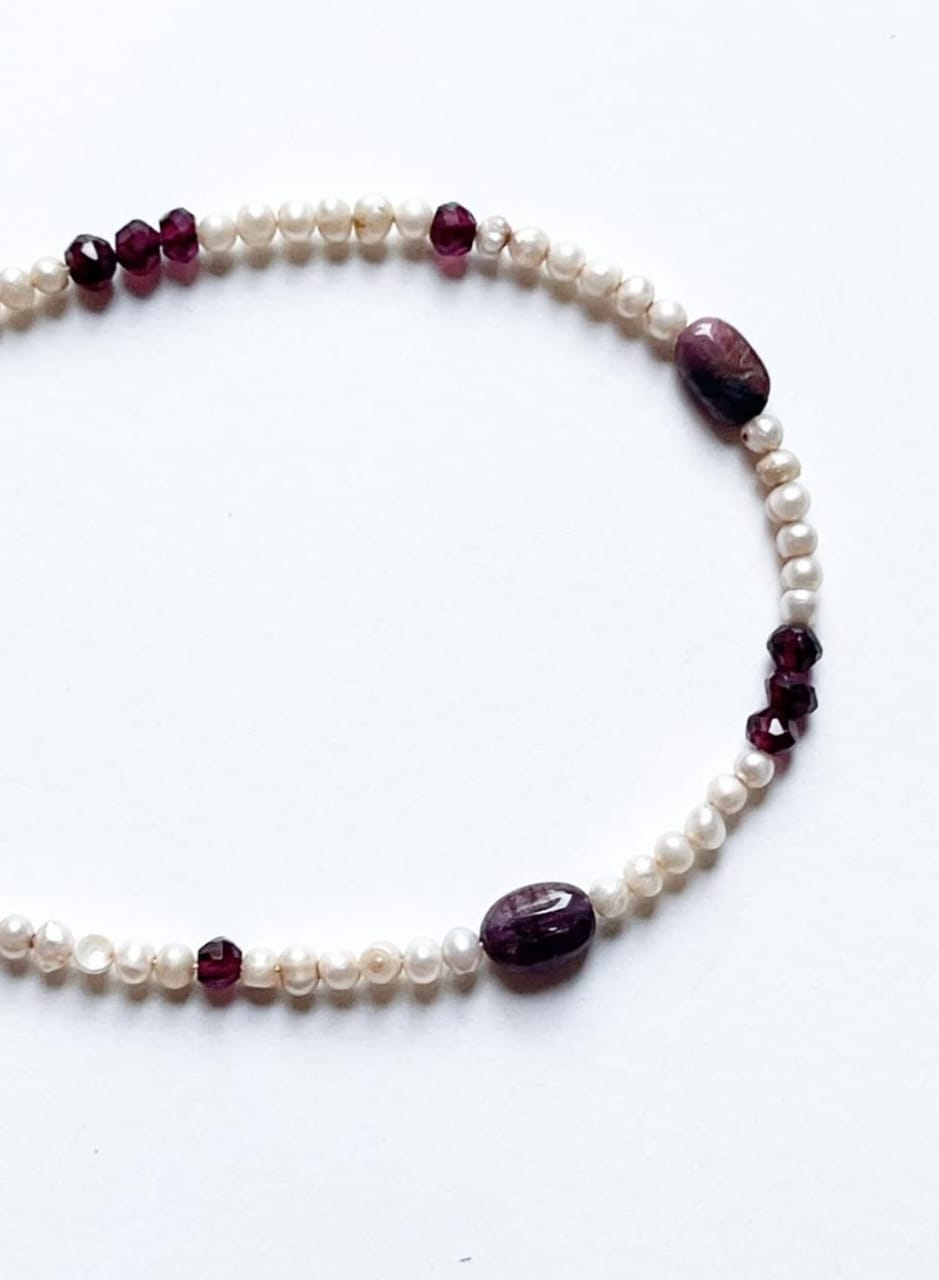 Handcrafted gemstone bracelet garnet tourmaline pearls in sterling silver