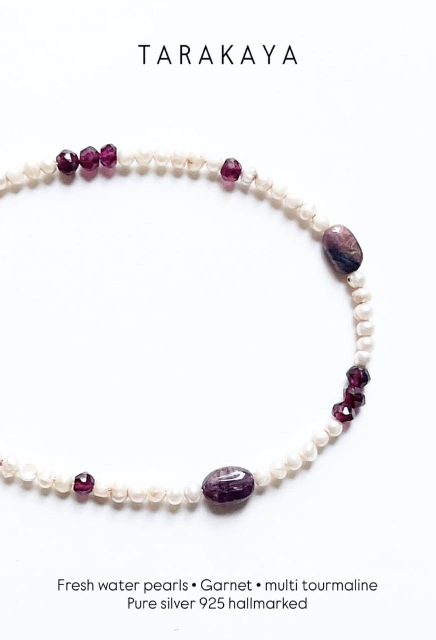 Garnet, multi tourmaline and pearl handcrafted sterling silver boho bracelet  