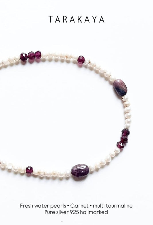 Garnet, multi tourmaline and pearl handcrafted sterling silver boho bracelet  