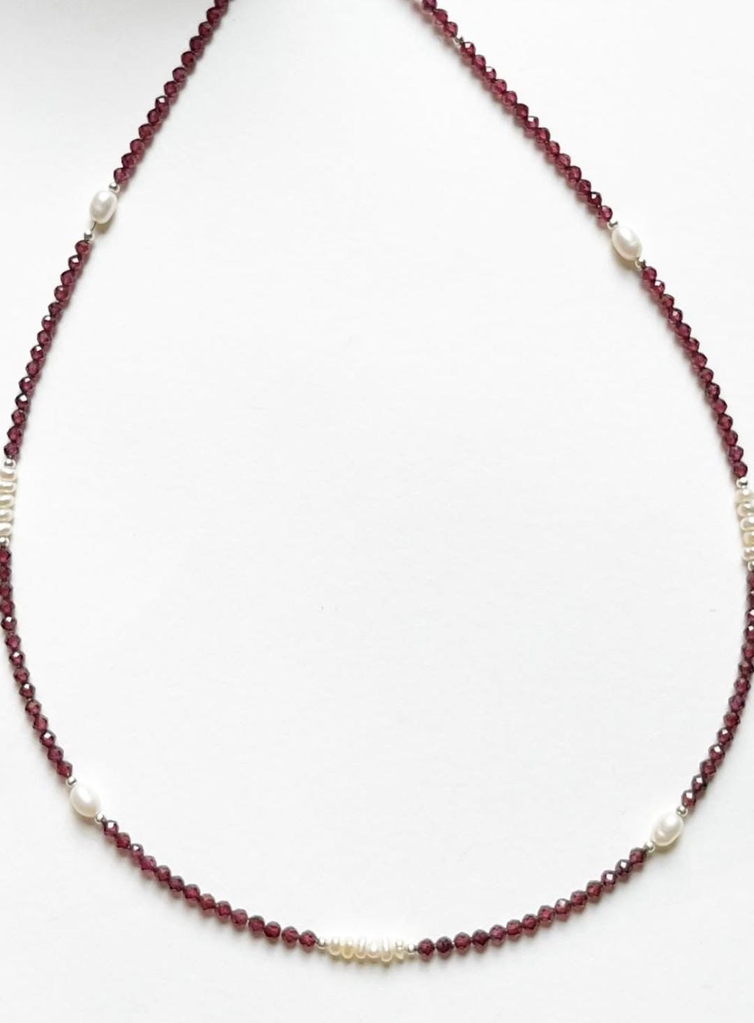 Garnet, Silver Beads & Fresh Water Pearl Boho Choker Handcrafted Sterling Silver 925 Necklace