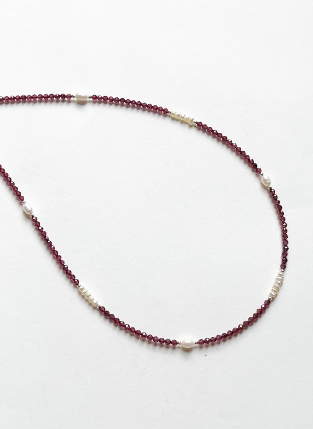 Garnet, Silver Beads & Fresh Water Pearl Boho Choker Handcrafted Sterling Silver 925 Necklace