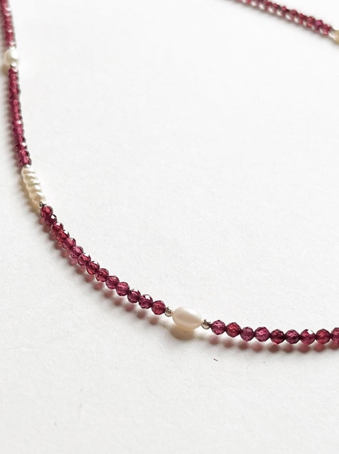 Garnet, Silver Beads & Fresh Water Pearl Boho Choker Handcrafted Sterling Silver 925 Necklace