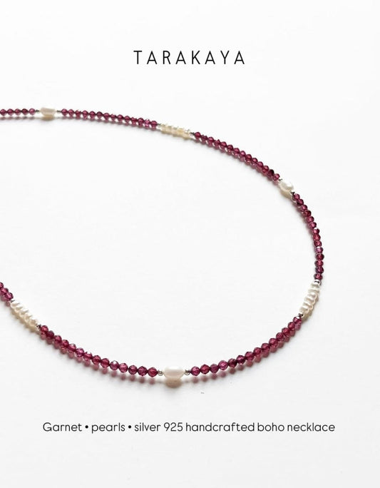 Garnet, Silver Beads & Fresh Water Pearl Boho Choker Handcrafted Sterling Silver 925 Necklace