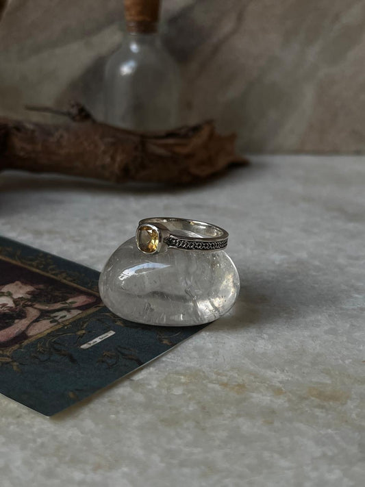 Citrine Round Thick Heart Engraved Band 925 Sterling Silver Ring