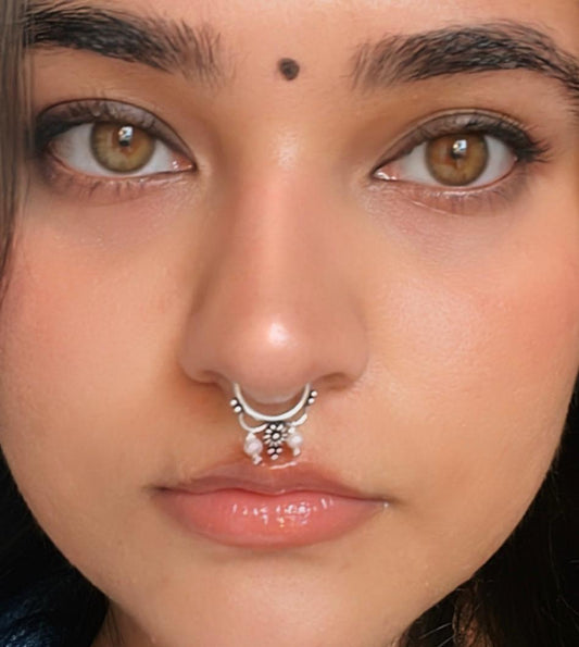 Tribal flower septum with freshwater pearl 925 sterling silver clip on