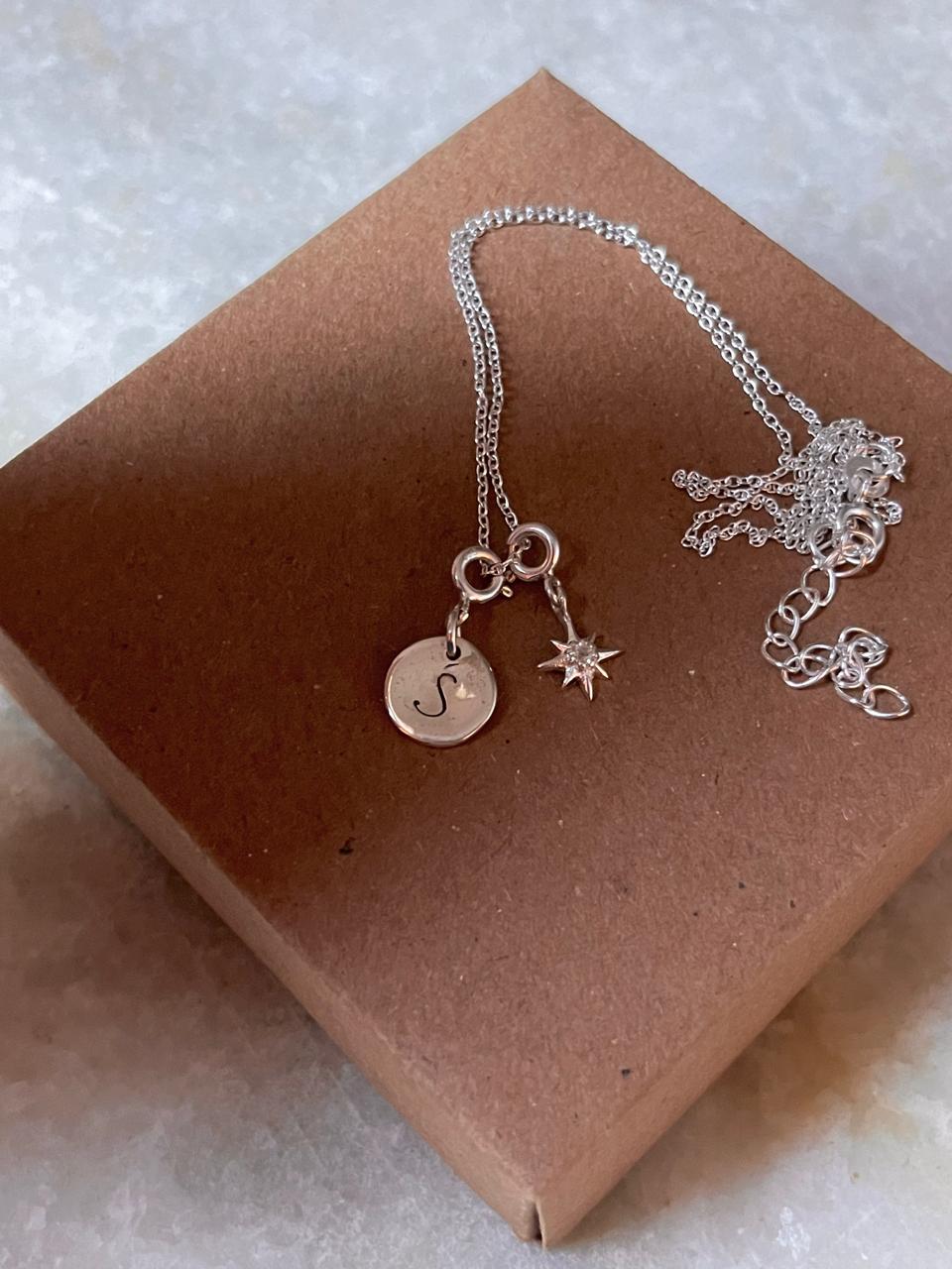 Personalized vintage font engraved initial necklace with white topaz star