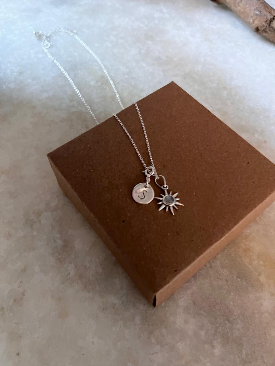 Personalized sterling silver necklace with sunshine moonstone and initial