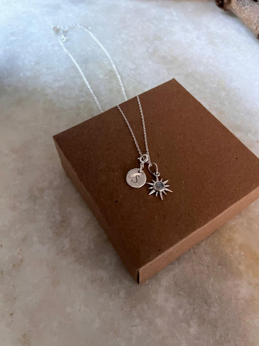 Sunshine moonstone pendant with vintage font engraved initial 925 silver necklace