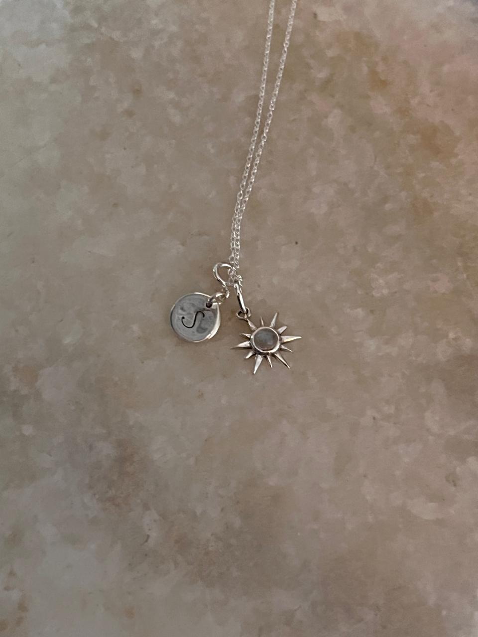 925 sterling silver necklace with sunshine moonstone and engraved initial