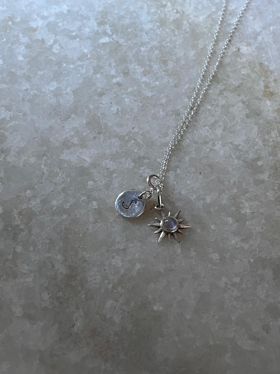 Handcrafted vintage font engraved initial necklace with moonstone charm