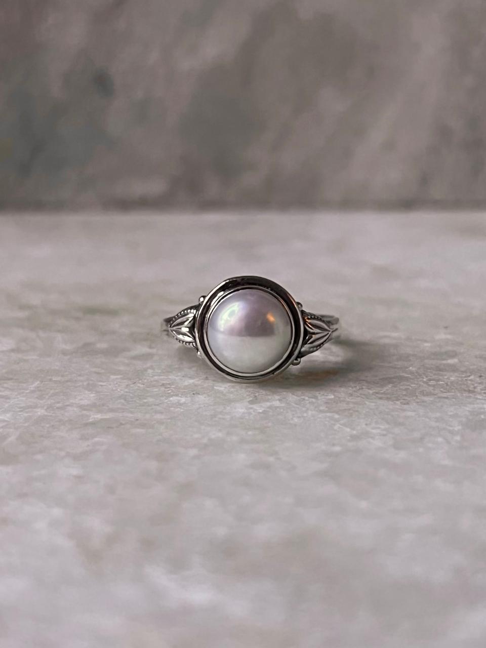 Artisan sterling silver ring with forest theme and pearl