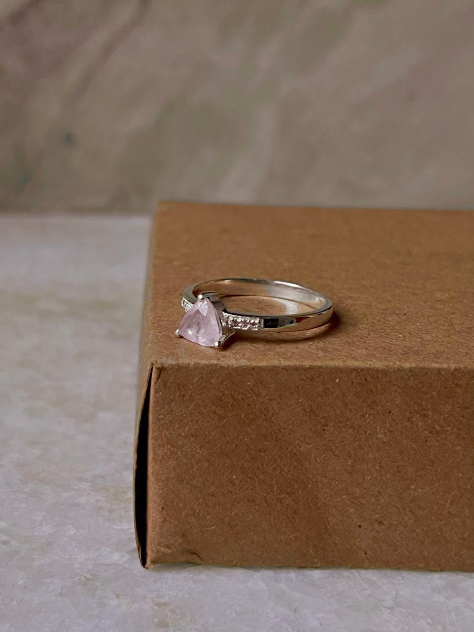Rose Quartz Triangle & Cz Stone 925 Sterling Silver Ring